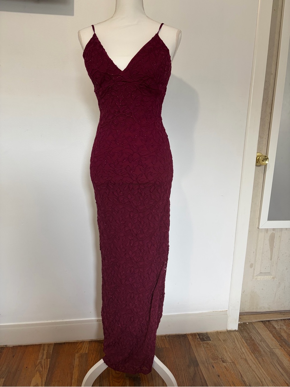 Honey and Rosie Wine Burgundy Lace Spaghetti Strap Maxi Dress